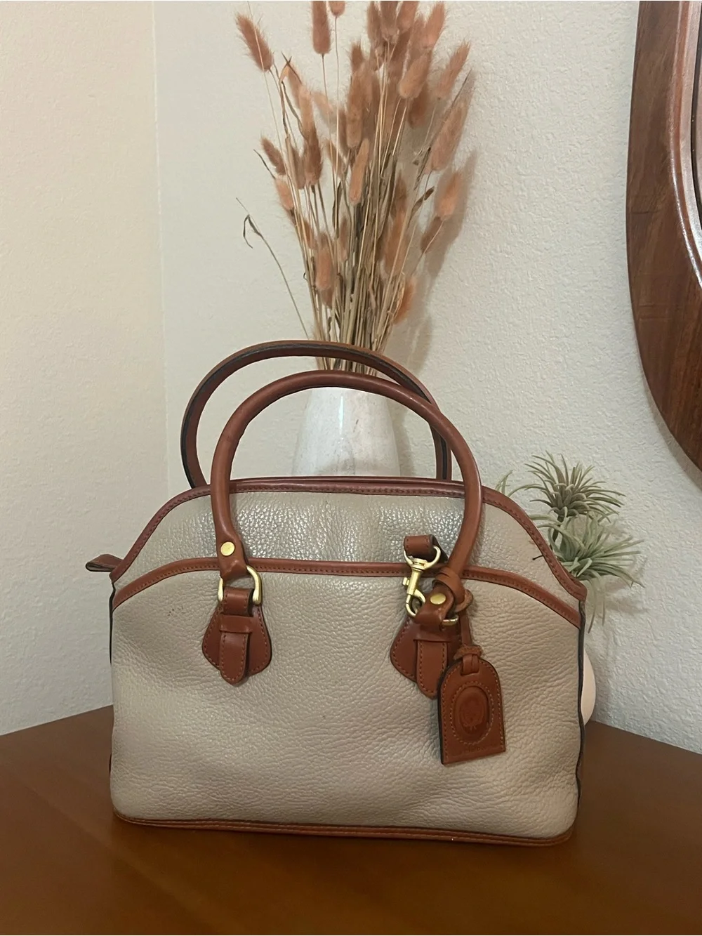 Vintage Liz Claiborne Taupe and Brown pebbled leather handbag